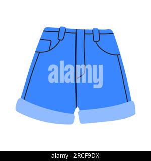 Classic 80s 90s jeans shorts in modern style flat, line style. Hand drawn vector. Fashion patch, badge, emblem. Stock Vector