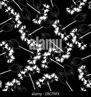 white flowers on a twig with a single leaf monochrome seamless; outline flowers on a twig; leaf, twig, bud, flowers outline Stock Vector