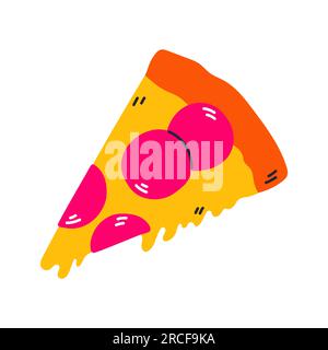 Classic 80s 90s pizza pepperoni in modern style flat, line style. Hand drawn vector. Fashion patch, badge, emblem. Stock Vector