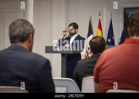 Madrid, Spain. 14th July, 2023. The President of the Republic of Chile, Gabriel Boric addresses the media during the event. The President of the Government of Spain, Pedro Sánchez, received Gabriel Boric, President of the Republic of Chile, at the Moncloa Palace a few days before the EU-CELAC Summit was held in Brussels, which will bring together the heads of State and Government from both sides of the Atlantic for the first time since 2015. (Photo by David Canales/SOPA Images/Sipa USA) Credit: Sipa USA/Alamy Live News Stock Photo