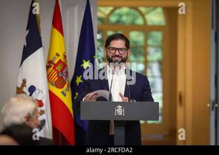 Madrid, Spain. 14th July, 2023. The President of the Republic of Chile, Gabriel Boric addresses the media during the event. The President of the Government of Spain, Pedro Sánchez, received Gabriel Boric, President of the Republic of Chile, at the Moncloa Palace a few days before the EU-CELAC Summit was held in Brussels, which will bring together the heads of State and Government from both sides of the Atlantic for the first time since 2015. (Photo by David Canales/SOPA Images/Sipa USA) Credit: Sipa USA/Alamy Live News Stock Photo