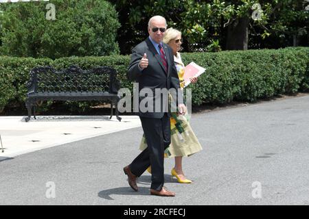 July 14, 2023, Washington, Distric of Columbia, USA: US President JOE BIDEN and First Lady JILL BIDEN depart the White House en route to Camp David, today on July 14, 2023 at South Lawn/White House in Washington DC, USA. (Credit Image: © Lenin Nolly/ZUMA Press Wire) EDITORIAL USAGE ONLY! Not for Commercial USAGE! Stock Photo