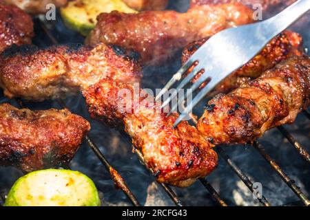 Grilling meat rolls called mici or mititei with vegetables on char barbecue. Charcoal grill with burning fire Stock Photo