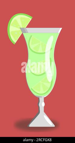 Mojito. Cocktail in glass or cocktail with lime. Refreshing green drink on red background, vector. Stock Vector