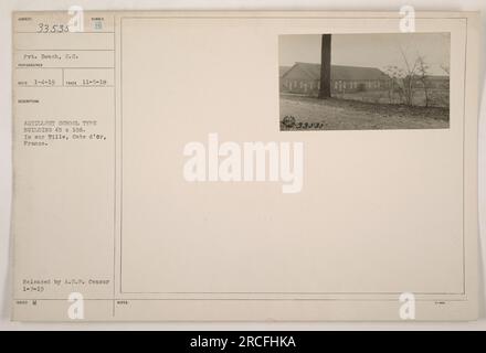 Pvt. Bosch from the Signal Corps took this photograph on November 5, 1918. The image shows a 45 x 108 artillery school type building in Is sur Tille, Cote d'or, France. The photograph was released by the A.E.F. censor on January 7, 1919. Stock Photo