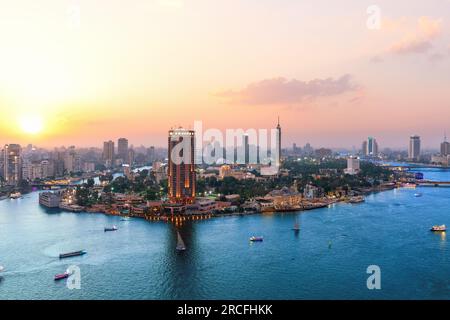 Aerial panorama sunset view of the Nile River and downtown Cairo seen ...