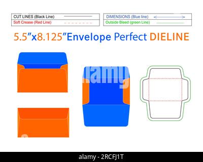 Editable easily resizeable 5.5x8.125 inch Booklet envelope die line template and 3D envelope Stock Vector