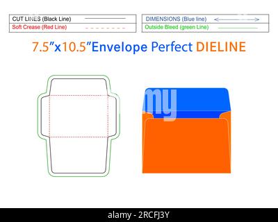 3D Booklet envelope editable easily resizeable and Booklet envelope 7.5x10.5 inch die line template Stock Vector