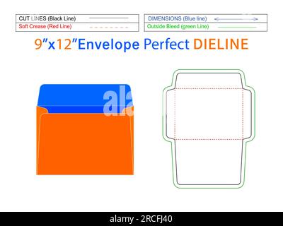 Editable easily resizeable 9x12 inch Booklet envelope die line template and 3D envelope Stock Vector