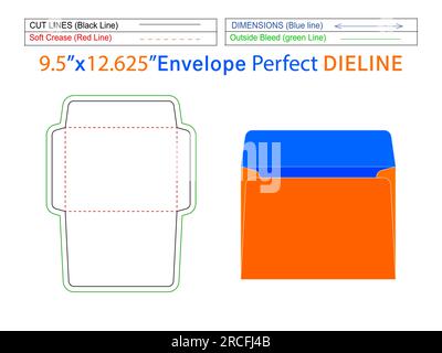 Booklet envelope die line template 9.5x12.625 inch and 3D envelope editable easily resizeable Stock Vector