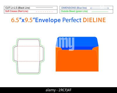 Booklet 6.5x9.5 inch envelope die line template and 3D envelope editable easily resizeable Stock Vector
