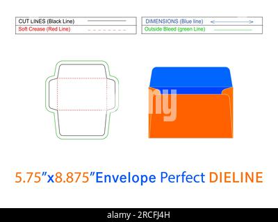 Booklet envelope die line template 5.75x8.875 inch Editable easily resizeable and 3D envelope Stock Vector