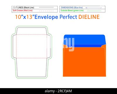 Booklet envelope 10x13 inch die line template and 3D envelope editable easily resizeable Stock Vector