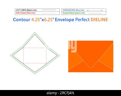 Packaging Contour envelope 4.25x6.25 inch die line template and 3D envelope Editable easily resizeable Stock Vector