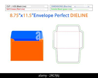 Packaging envelope die line template and Booklet envelope 8.75x11.5 inch die line and 3D envelope editable easily resizeable Stock Vector