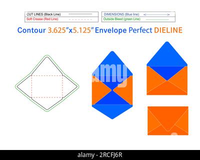 Editable easily resizeable Packaging Contour envelope 3.625x5.125 inch die line template and 3D envelop Stock Vector