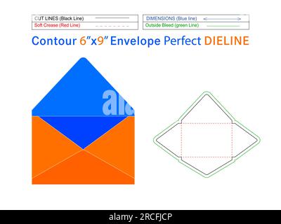 Contour envelope Packaging 6x9 inch dieline template and 3D envelope Editable easily resizable Stock Vector