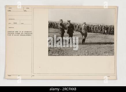 Grecian soldiers participating in an intensive training course for the Allied forces during World War I. This photograph, taken by C. Syrdol in 1919, shows the soldiers in action as they prepare for military activities on behalf of Greece. The image captures the dedication and discipline of the soldiers during their training. Stock Photo