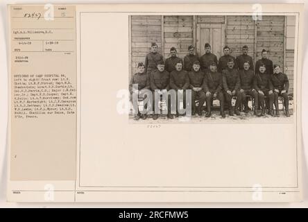 Officers of Camp Hospital 64 at Chatillon sur Seine, Cote d'Or, France. Front row, left to right: Lt. F. Chetta, Lt.E.F.Stroud, Capt. W.B.Chamberlain, Lt.8.l.Curtis, Lt. Col.H.I.Harris (C.O.), Major J.E.Keller Jr., Capt.F.S.Cooper, Capt. E. W.Bolio, Lt.A.T.Morrissey. Second row: Lt.W.P.Kortwright, Lt.J.F.Cazayoux, Lt.R.D.Bettman, Lt.C.H.Beadles, Lt. W.B.Lewis, Lt.F.L.Wyzor, Lt.S.H.McDill. Photograph taken on 4-14-19 by Sgt.A.L.Villanova, S.C. 52427. Description issued: 1-29-19. Stock Photo