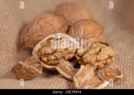 Walnut and nutshells in a close up Stock Photo