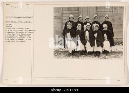 Nurses from Camp Hospital No. 64 in Chatillon sur Seine, France. Pictured from left to right, front row: Josephine Kruka, Anne Waltz, Regina Wright, Otilda Gass, Ruth Richardson. Second row: Nellie Wilcox, Marie Tomison, Rose Regan, Ruth and Mary Sterley. Caption information from source: SOT. A. L. Villanova.S.C. Reco 4-14-19 Taken 1-29-19 2357-P9. Stock Photo