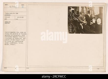 Victor Emanuel III, King of Italy, is seen in his Italian general of Infantry uniform, alongside President Raymond Poincare of France. The photo was taken in Paris during the King's visit for the preliminary peace conference. This image is from the collection 'Photographs of American Military Activities during world war one.' Stock Photo