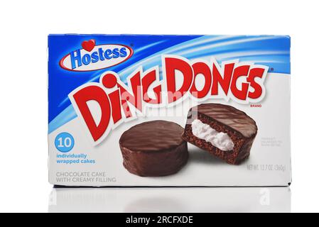 IRVINE, CALIFORNIA - 14 JULY 2023: a box of Hostess Ding Dongs individually wrapped cakes. Stock Photo