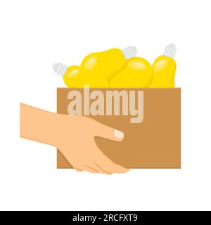 hand holding paper box full of light bulbs; concept of fresh ideas, solutions - vector illustration Stock Vector