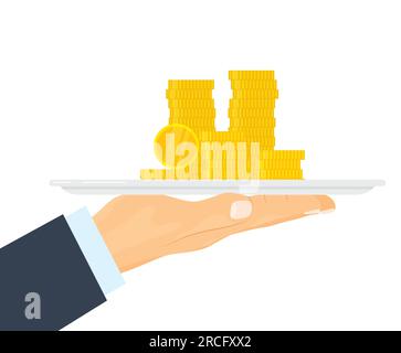 hand holding tray with stack of golden coins; concept of wealth, investment, reward, salary -vector illustration Stock Vector