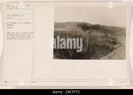 Photograph taken on September 26-27, 1918, showing the 362nd Infantry Post Command (P.C.) located on a hill south of Epinonville, in Meuse, France. The photograph is attributed to Sgt. Seabrook, S.C., with the photo ID as CD 4-14-19, taken on February 23, 1919. The description states the location and date of the photograph. Stock Photo