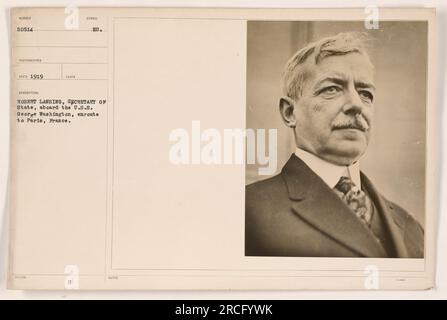 Robert Lansing, the Secretary of State, is pictured aboard the U.S.S. George Washington, on his way to Paris, France in 1919. The image is part of a series taken during World War One. Stock Photo