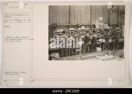 Soldiers sorting and organizing mail at St. Pierre des Corps, France ...