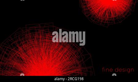 Minimal red on black design with rotated complicated shapes by thin lines. Vector graphic pattern Stock Vector