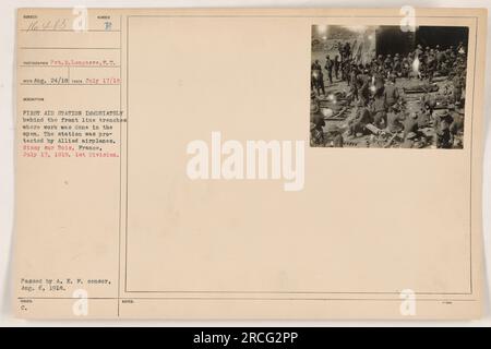 'First Aid Station behind the front line trenches where open-air medical work was conducted, protected by Allied airplanes. Taken on July 17, 1918, in Nissy sur Bois, France, by Pvt. R. Longaere. This photograph (#16485) was issued by the A.E.P. censor on August 6, 1918.' Stock Photo