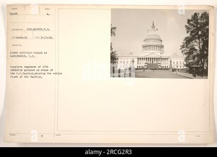 Caption: Members of the 18th Infantry regiment of the First Division participate in a parade in Washington, D.C. The regiment is grouped on the steps of the U.S. Capitol, displaying the full front of the iconic building. Photograph taken on September 17th, 1919 by Sgt. Bonner S.C. SOURCE: Photographs of American Military Activities during World War One, symbol A, issued on September 29th, 1919. Notes: Available in TIFF format. Stock Photo