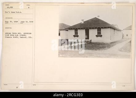 Aerial photo hut at Chanute Field in Rantoul, Illinois. This image shows the exterior view from the southwest corner. Date taken: July 12, 1918. The photograph was received from the Defense Media Agency on August 21, 1918. The description code is A and the symbol is ****. Stock Photo