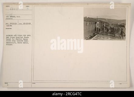 Caption: Wounded soldiers being loaded onto a Red Cross Hospital Train at Rimaucourt, France, to be transported to Chattel Guyon, their first step towards returning home. This photograph was taken by Lt. Sears, S.C., and is categorized under subject 52081 in the collection of American Military Activities during World War One. Stock Photo