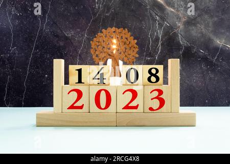 August 14 calendar date text on wooden blocks with blurred background park. Calendar concept Stock Photo