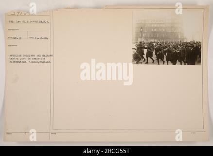 American soldiers and sailors, along with soldiers from SAIDOS, are seen participating in an Armistice Celebration in London, England. This photograph, taken on November 16, 1918, was captured by Sergeant 1st Class C. Donnelly of the Signal Corps and is numbered 111-SC-39184. It was issued with the accompanying notes, labeled as JAN 39184. Stock Photo