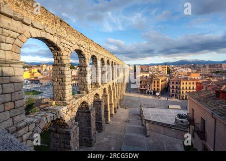 Aqueduct of Segovia and Plaza del Azoguejo Square - Segovia, Spain Stock Photo