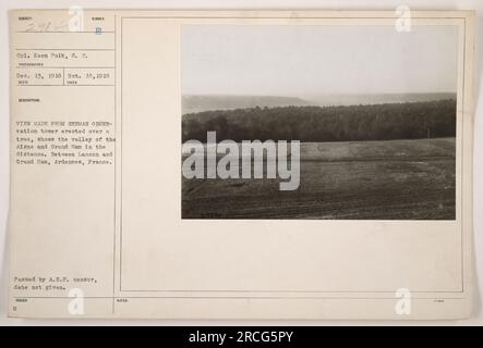 View from a German observation tower over the valley of Aisne and Grand Ham in Ardennes, France. The photograph was taken on October 18, 1918, by G. Dec. 13, 1918. The image shows the landscape between Lancon and Grand Ham. It was censored by the A.E.F. censor and issued without a specific date. Cpl. Keen Polk, S.C. is the subject of the photograph. Stock Photo
