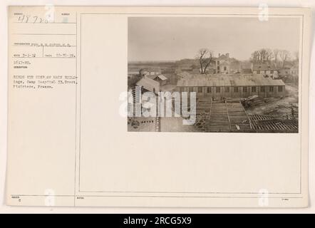 Aerial view of the main building, Camp Hospital 33 in Brest, Finistere, France. This photograph was taken by photographer P. Soper on December 20, 1918. The image showcases the entire structure of the hospital from above. Stock Photo