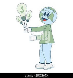 Funny planet and bunch of light bulbs in trendy retro cartoon style. Thumbs up hand gesture Earth Day and World Environment Day design element Vector Stock Vector