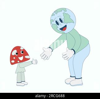 Funny planet and fly-agaric in trendy retro cartoon style. Handshake hand gesture Earth Day and World Environment Day design element  Vector illustrat Stock Vector