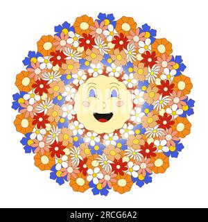 Funny flower arrangement Trendy retro psychedelic cartoon style. Abstract collage made from summer flowers Floral pattern Vector illustration. Isolate Stock Vector