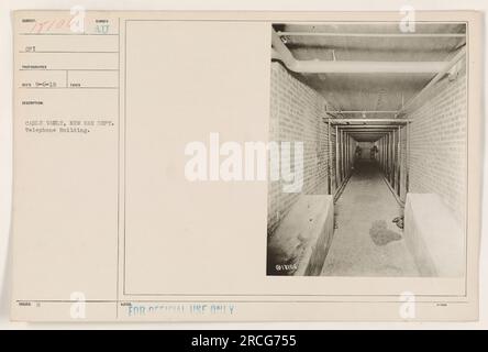 Image of a cable vault in the new War Department Telephone Building during World War One. The photograph was taken by photographer ECD on September 6, 1918. It is labeled with the number 181061 and is marked for official use only with the notation 18106 3-4006. Stock Photo