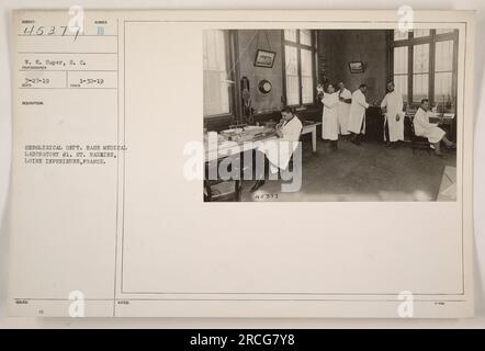 Serological testing being conducted at Base Medical Laboratory #1 in St. Nazaire, Loire Inferieure, France. The photograph captures W. W. Soper, S. C., possibly a soldier or medical personnel, on March 27, 1919. The blood sample being tested is described as 18SLED: 3 SUMBER B, taken on January 30, 1919. The image showcases the serological department's work in diagnosing and treating medical conditions related to the ongoing World War I. Stock Photo