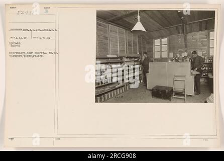 This photograph shows the dispensary at Camp Hospital No. 50 in Tonnerre, Yonne, France. It was taken by photographer Sot. A. L. Villanova on January 30, 1919. The image is labeled as Subject 52438, with the photographer and catalogue information provided. Notes indicate a reference number and a price of $24-38. Stock Photo