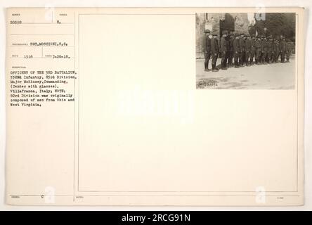 Officers of the 3rd Battalion, 332nd Infantry, 83rd Division, with Major MoKinney at the center wearing glasses. The photo was taken in Villefranca, Italy in 1918. Interestingly, the 83rd Division was initially made up of soldiers from Ohio and West Virginia. Stock Photo