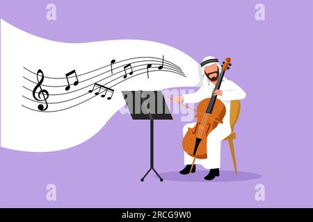 Business design drawing young Arabian male performer playing on contrabass. Cellist man playing cello, musician playing classical music instrument. Fl Stock Photo